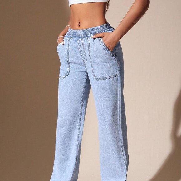 Blue Casual Womens Elastic Waist Jogger Jeans - Picture 5 of 6